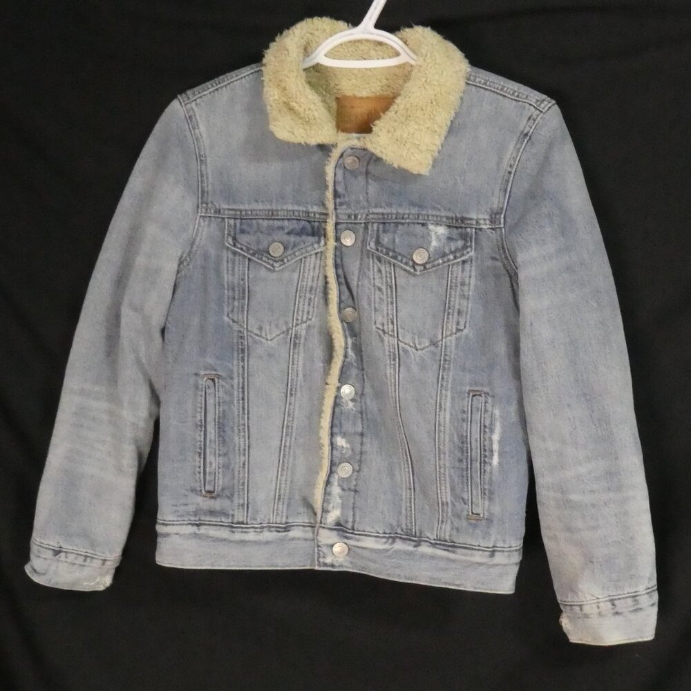 LUCKY BRAND | small | Distressed Jean Denim Sherpa Jacket | Snap Button Closure